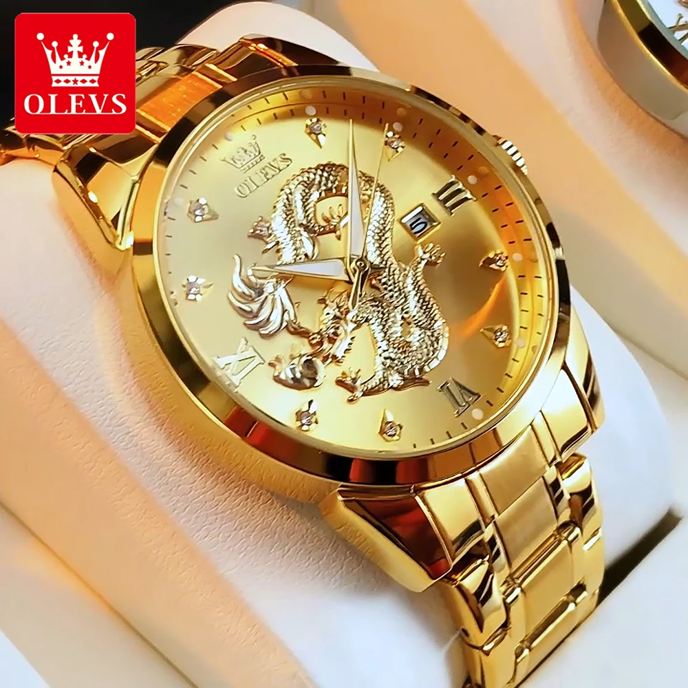 

OLEVS мужские часы, роскошные модные тонкие стальные ремешки, оригинальные кварцевые наручные часы для мужчин, водонепроницаемые, светящийся рельефный дракон