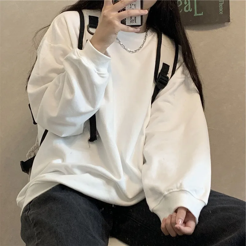 

Basic Solid Crewneck Sweatshirts Women Korean Fashion Oversize Pullover Hoodie Preppy Style Long Sleeve Tshirts Girls