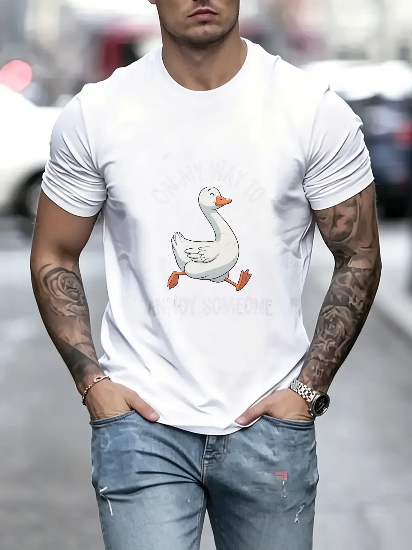 Unisex Funny Goose TShirt On My Way To Annoy Someone Graphic Print, Cute Animal Casual Top, Streetwear Style, Comfortable Round Neck Summer Short Sleeve Tee