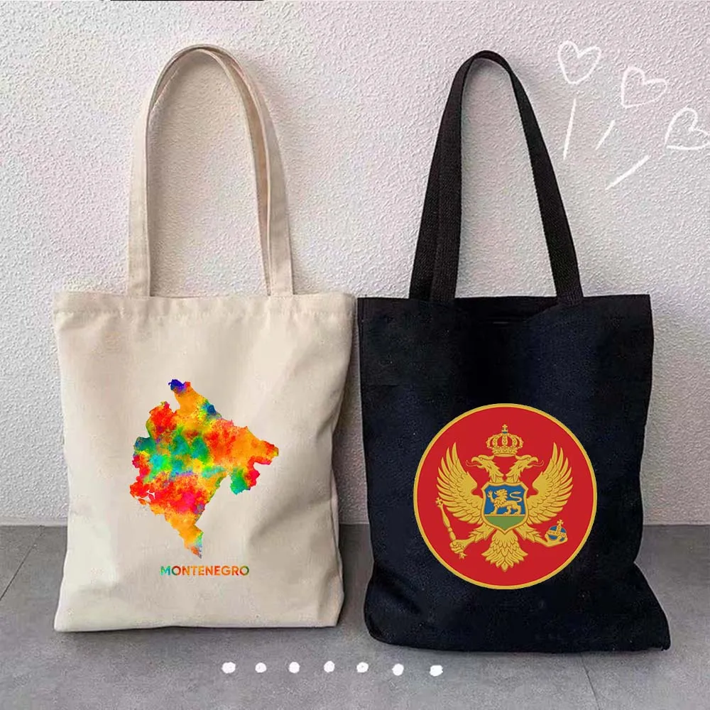 Love Arms of Montenegro Country Map Flag Podgorica Watercolor Shopper Canvas Harajuku Totes Bag Cotton Grocery Shopping Handbags