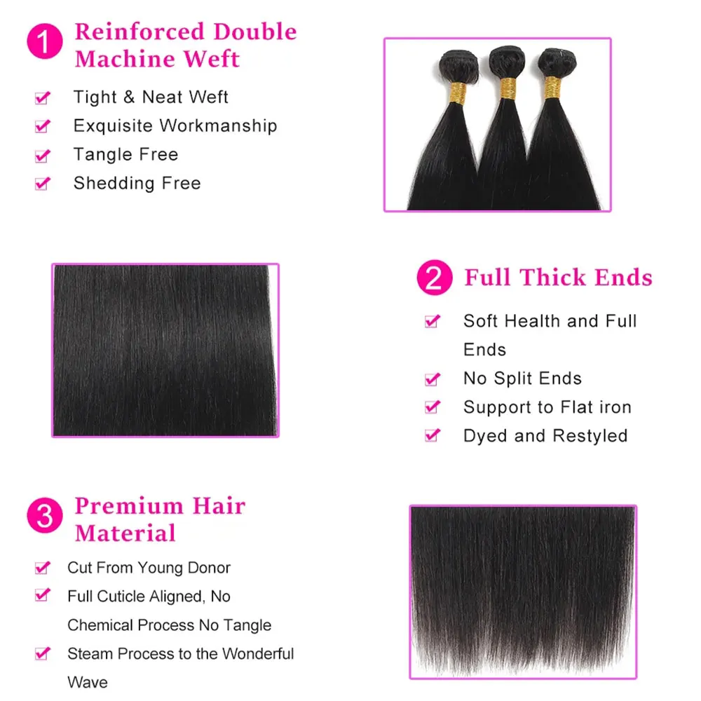 Bundles de tissage de cheveux raides péruviens pour femmes noires, 100% cheveux humains, extensions de cheveux, tissage naturel, richesse, 28 po, 3 faisceaux, 4 faisceaux