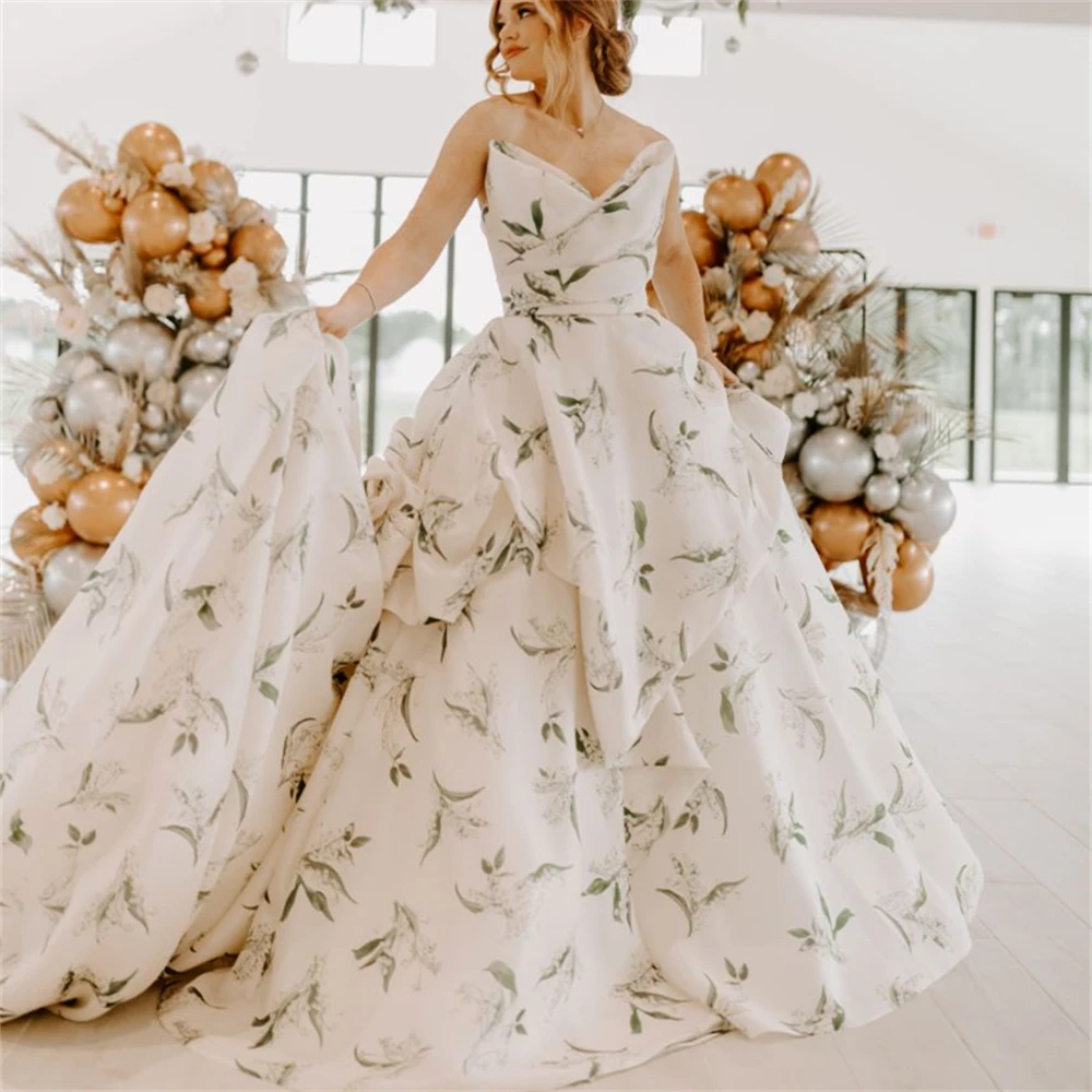 15927# Elegant Strapless Floral Print Chiffon Ruffles A-line Wedding Dress Customzied Backless Bride Gown For Women Customized