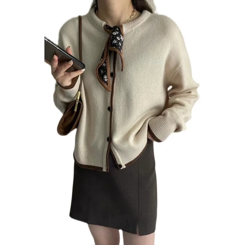 Bow-tie ribbon pure cashmere cardigan sweater early spring temperament round collar loose wool coat