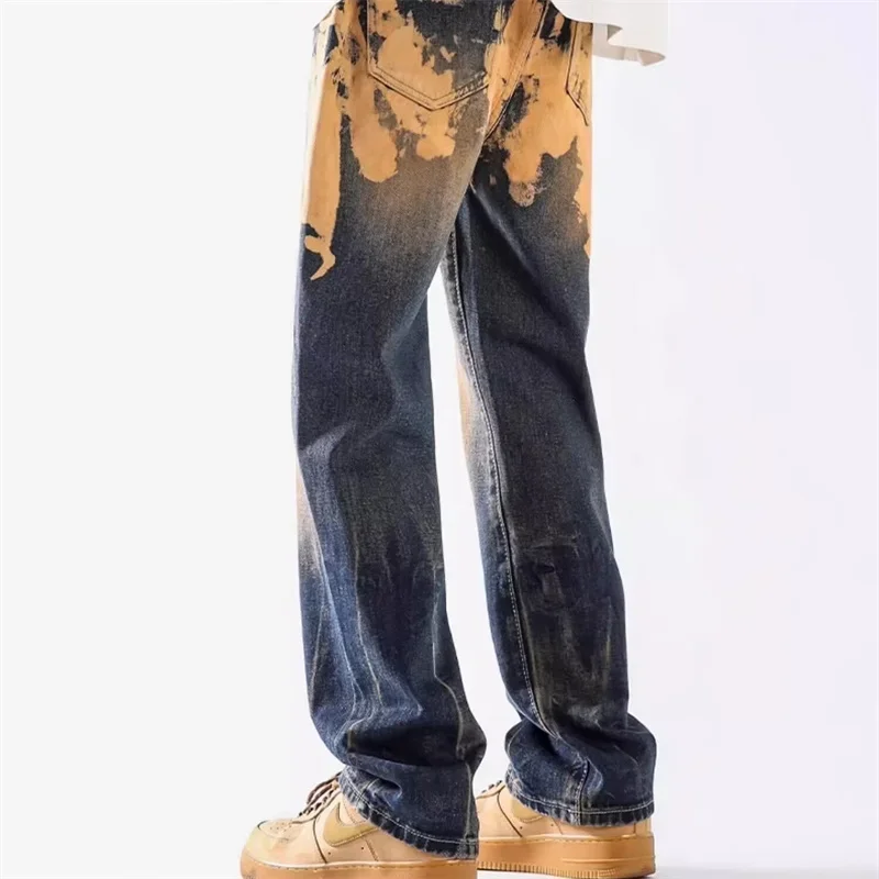 2024 New Gradient Tie-Dye Straight Leg Jeans Men's Distressed Y2K Vintage Baggy Denim Pants Hip Hop Fashion Streetwear Jean