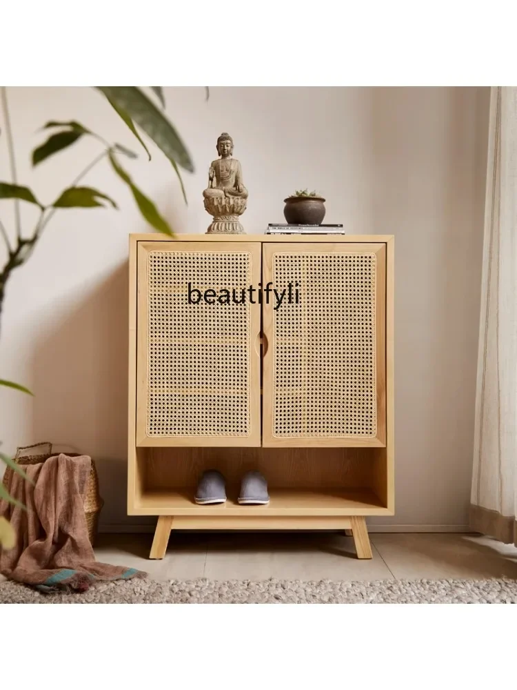 NN Solid Wood Rattan Shoe Cabinet Home Modern Minimalist Locker Multi-Layer Storage Cabinet Large Capacity Nordic Wooden Ball B