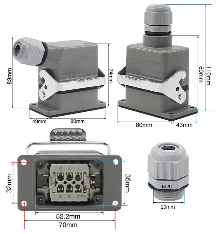 6-core heavy duty connector Waterproof connector  M20 500V 16A