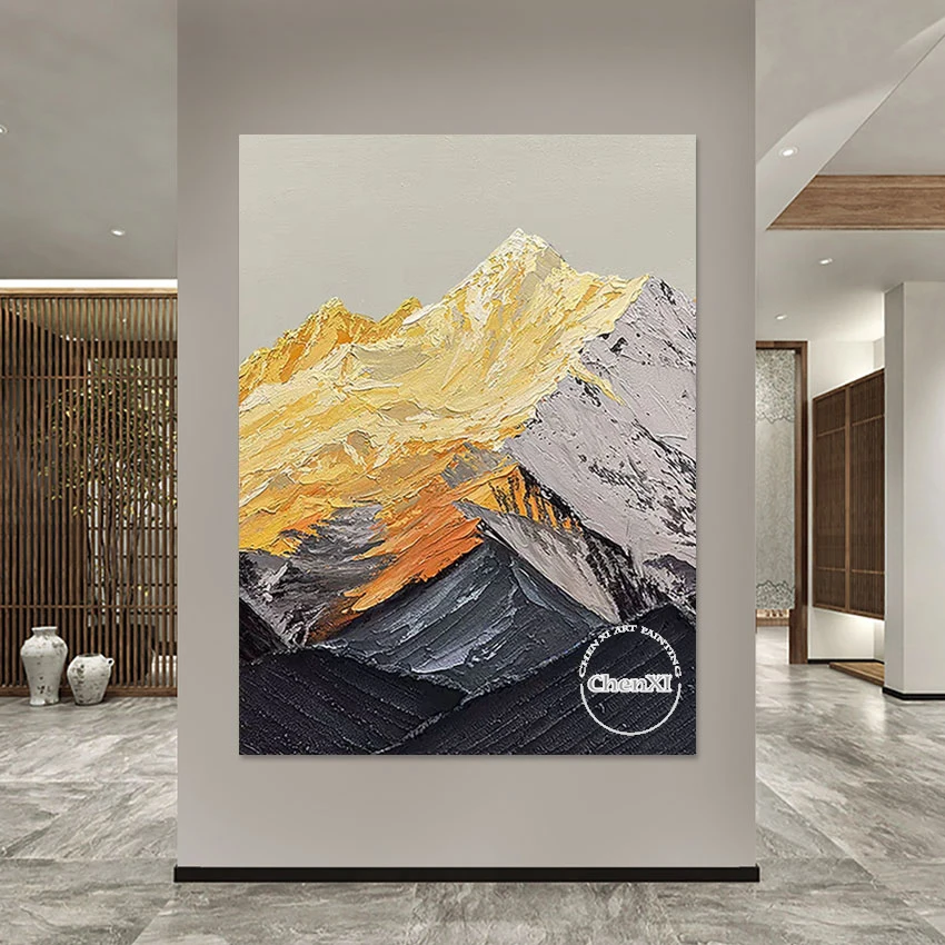 Sunrise Landscape Golden Snowy Mountain Scenery Abstract Hand-painted Unframed Knife Acrylic Painting Set Luxury Large Panel Art