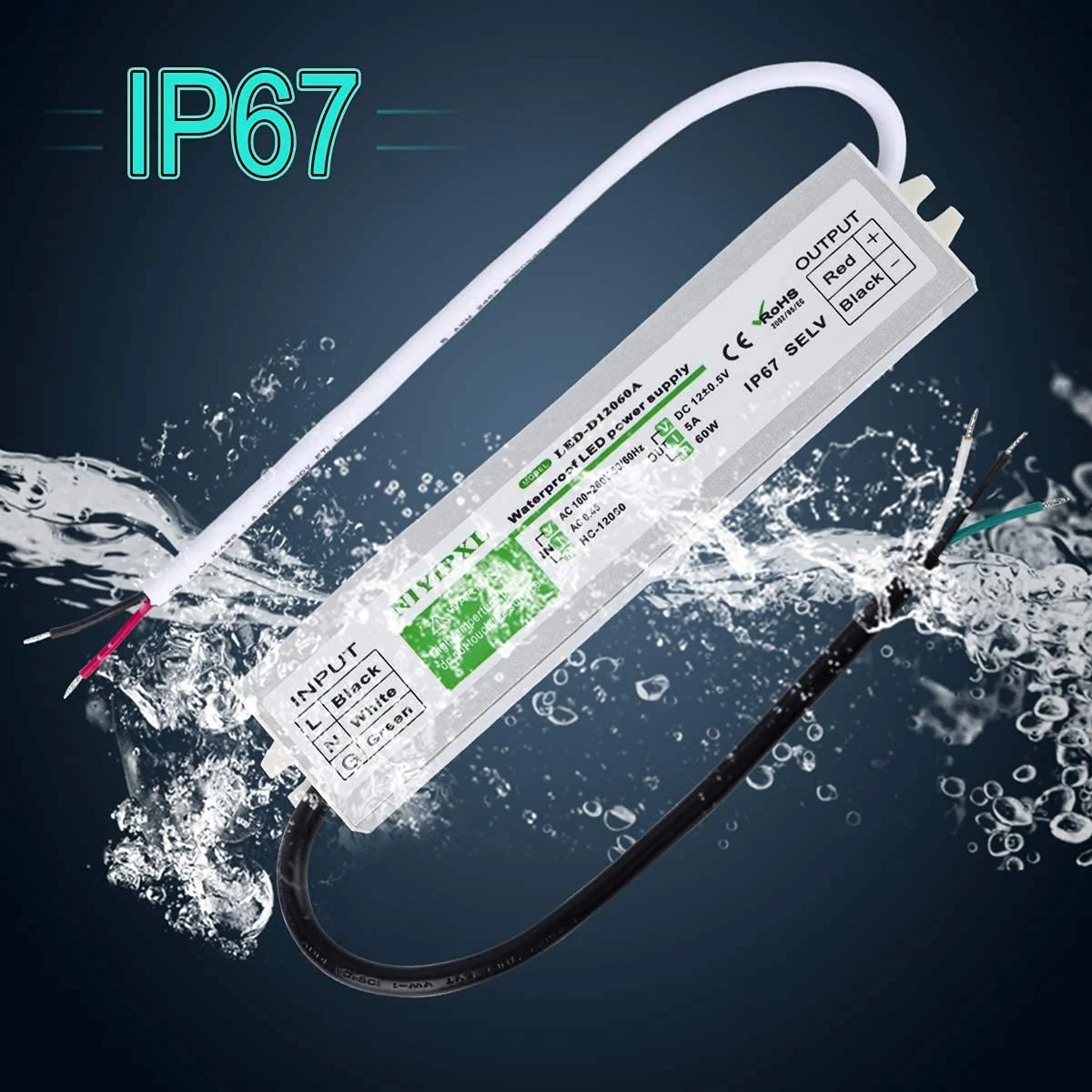IP67 مقاوم للماء إمدادات الطاقة محول الإضاءة في الهواء الطلق AC100V-260V إلى تيار مستمر 12 فولت LED سائق 60 واط الطاقة LED سائق لشريط LED