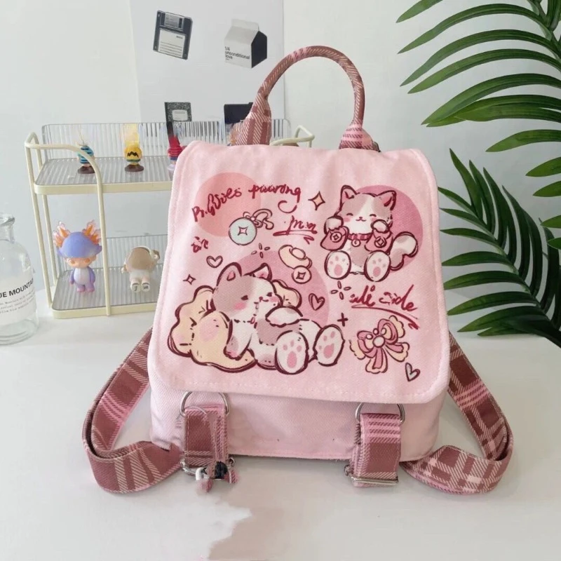 Pink Sweet Cartoon Cute Cat Print Backpack Fashion Kawaii Chic All Match Backpacks Y2k Aesthetic Trendy Japanese Women Schoolbag