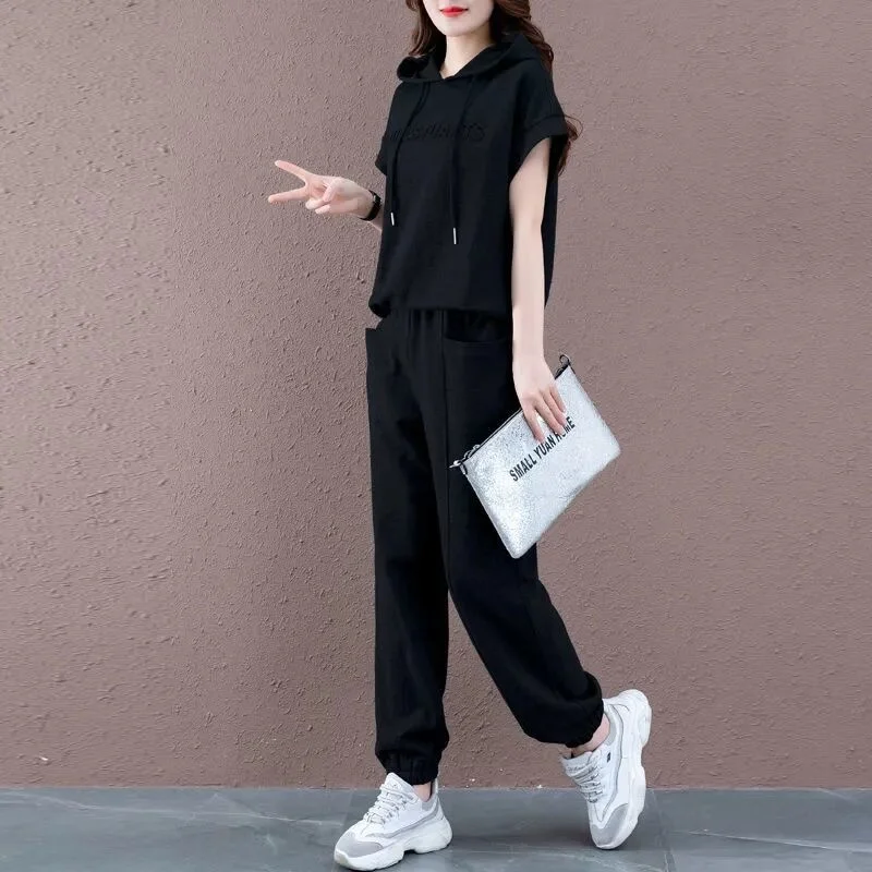 Women\'s Casual Sports Suit 2022 Summer New Solid Color Loose Hooded Short Sleeved Sweater Pants Two Piece Set Plus Size Outfits