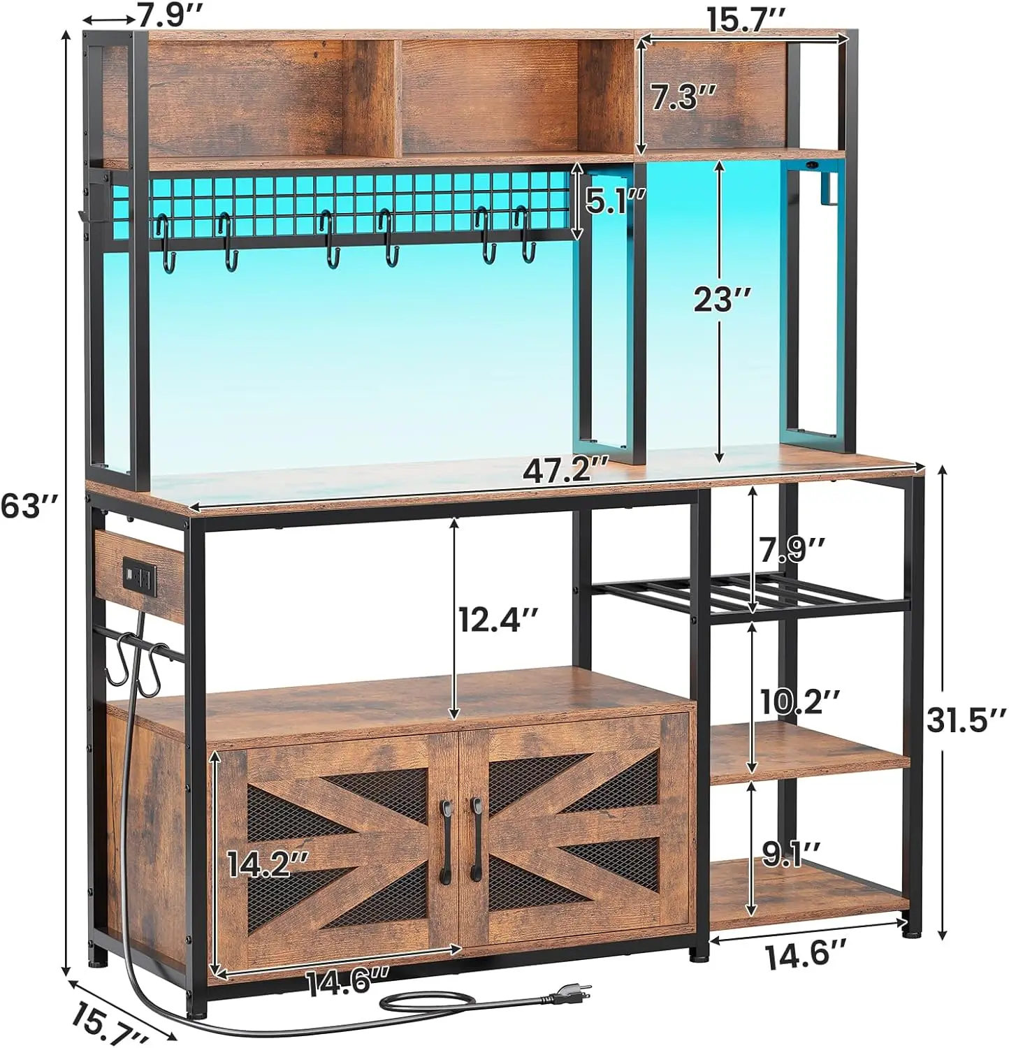 47.2-Inch Farmhouse Bakers Rack with Power Outlets, LED Lights, and Storage Cabinet for Kitchen or Coffee Bar