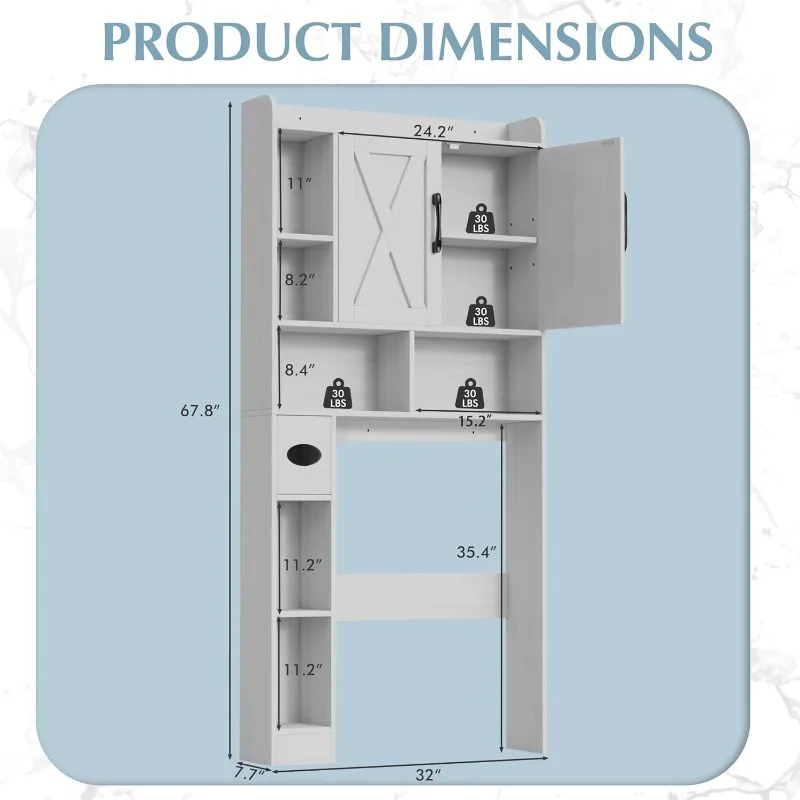 Over The Toilet Storage Cabinet, with 2 Farmhouse Barn Door, Tissue Holder, Adjustable Shelves, White