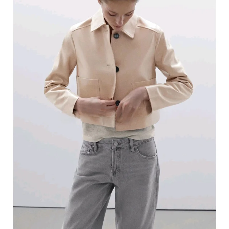 Dames irt-kraag ort PU-leer Jaet Herfst Nieuwe collectie Pendelen Sle Quali Faionable Long Sve Ne