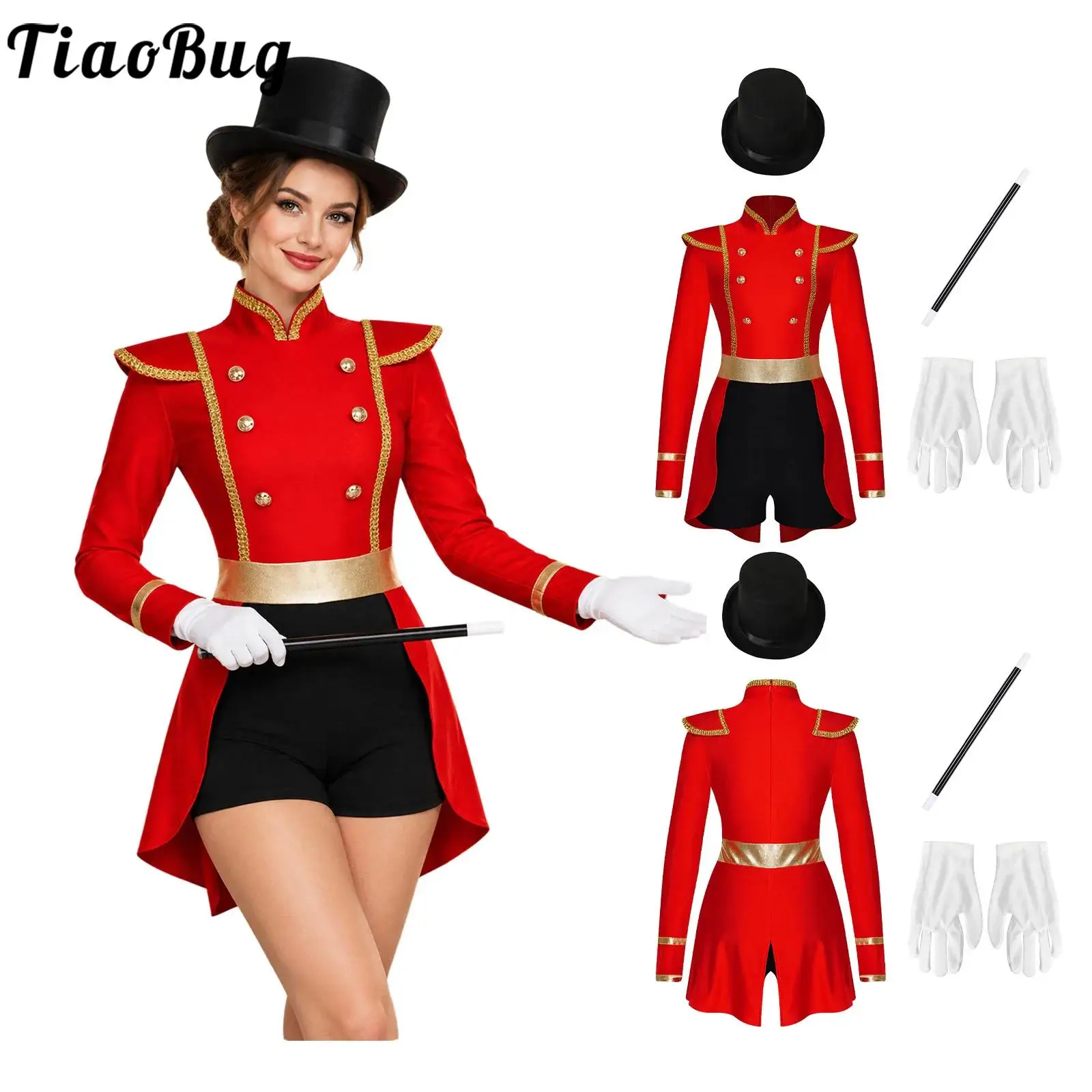 Women Halloween Circus Ringmaster Cosplay Costume Shoulder Boards Long Sleeves Zipper Jumpsuit with Hat Gloves And Magic Wand