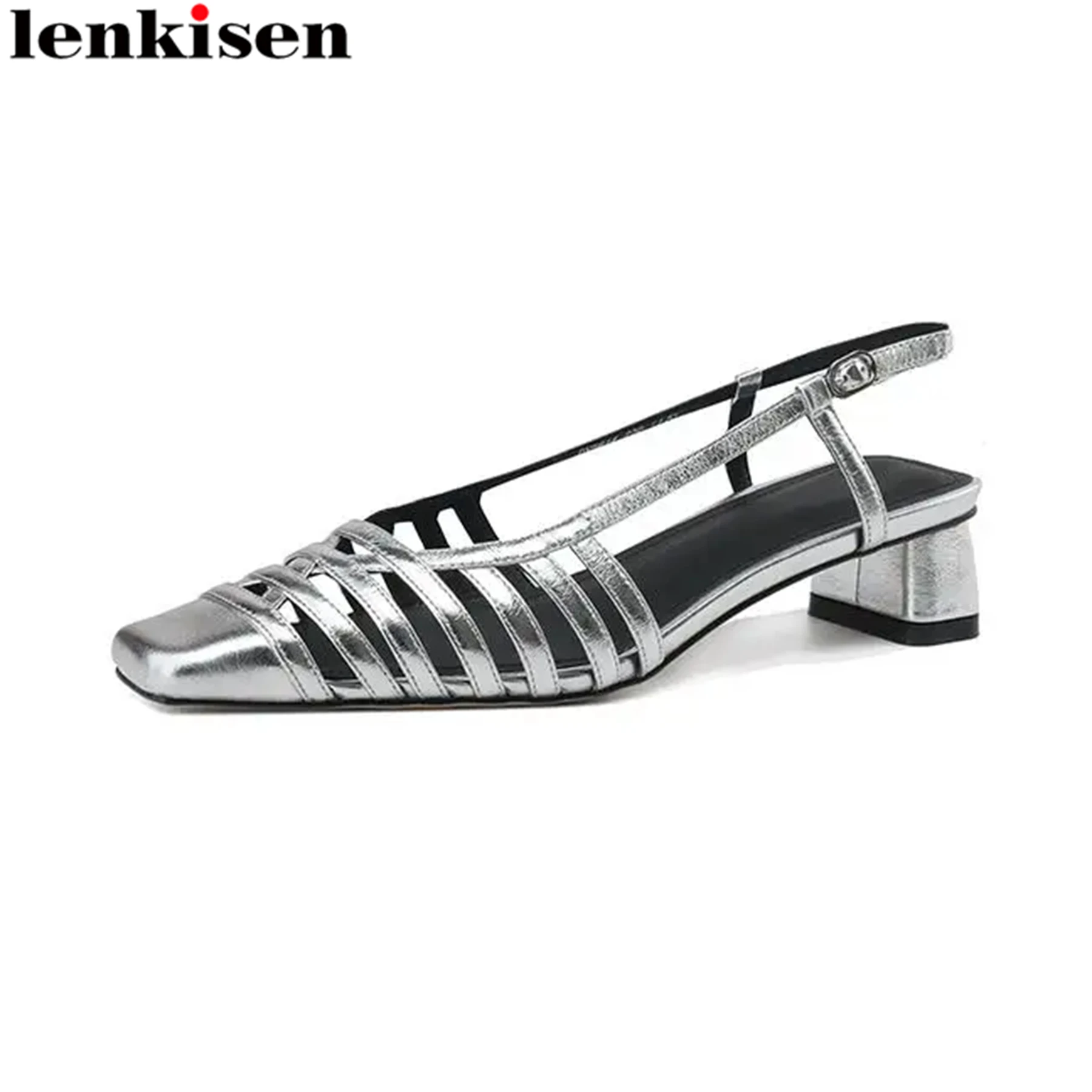 

Lenkisen 2024 Genuine Leather Summer Shoes Chunky Heels Hollow Luxury Dating Office Lady Concise Weaving Elegant Women Sandals