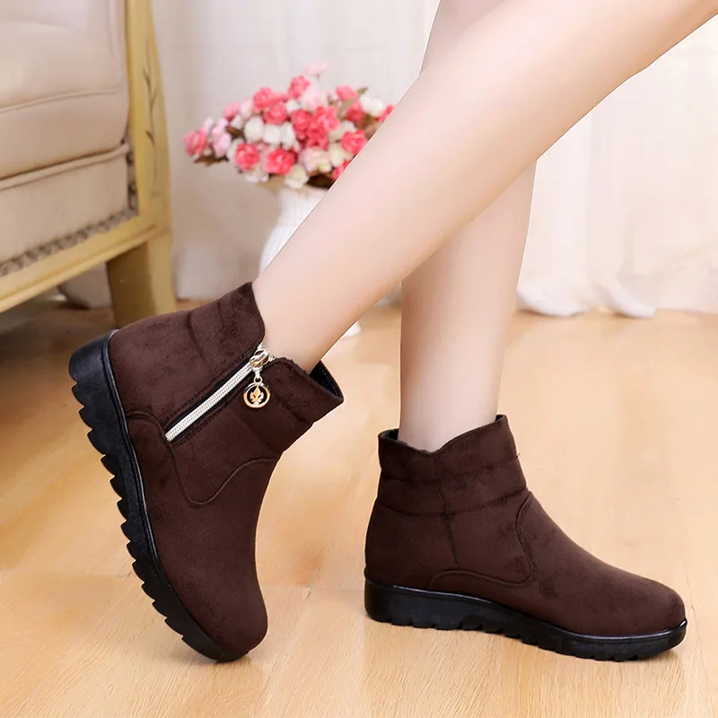 Women Side Zip Snow Boots Winter Solid Colour Warm Mother Thickened Cotton Shoes Soft Bottom Non-slip Flats Botas De Nieve