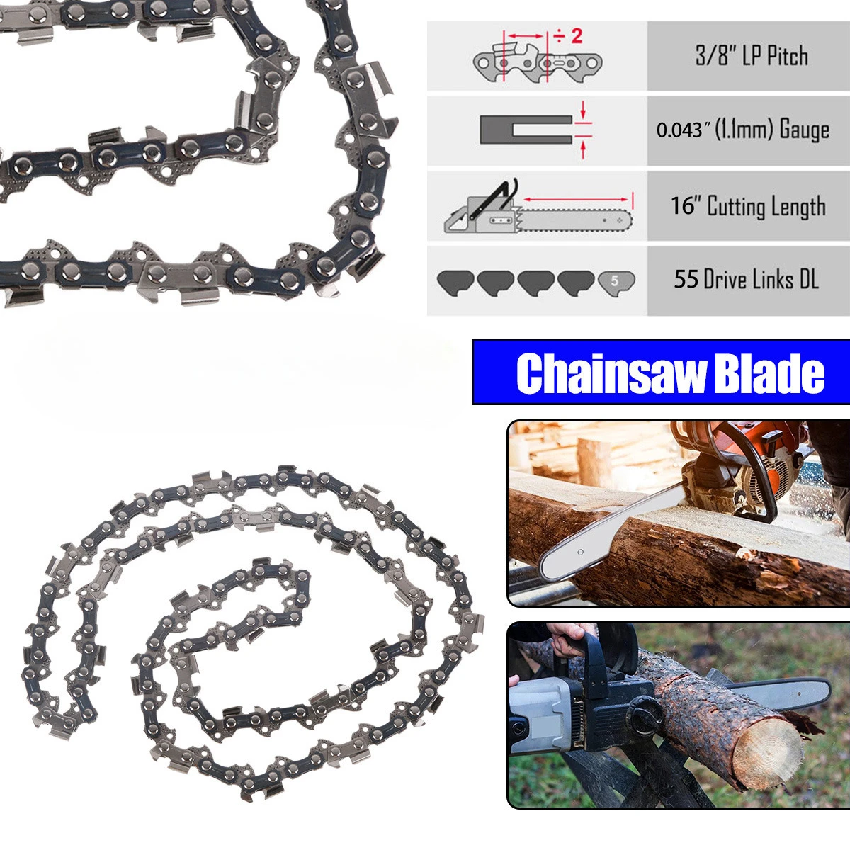 16 Inch Metal Chainsaw Chain 3/8 LP .043 55DL Chain Semi Chisel for Wood Cutting Tree Pruning Gardening
