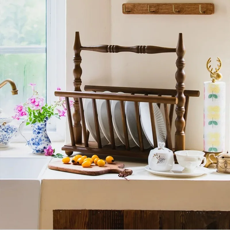 

Винтажная подставка для хранения из массива дерева, ретро-полка для кухонной утвари, подставка для чашек и тарелок, органайзер для дома, настольная подставка в натуральном деревенском стиле