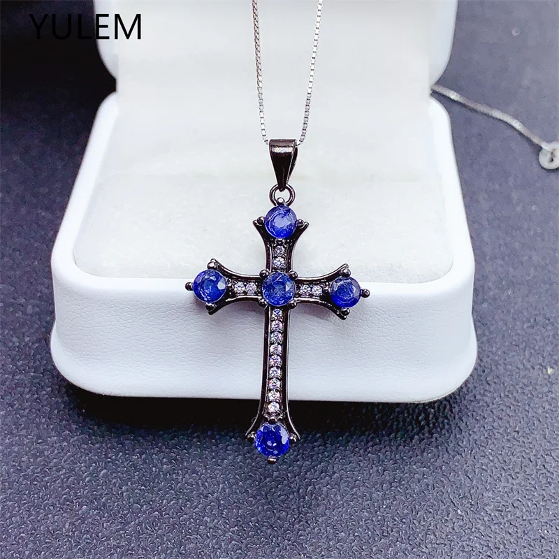 YULEM Natural Sapphire 3.5mm Black ‌cross Pendnat ‌ Design for Women or Man Daily Wear