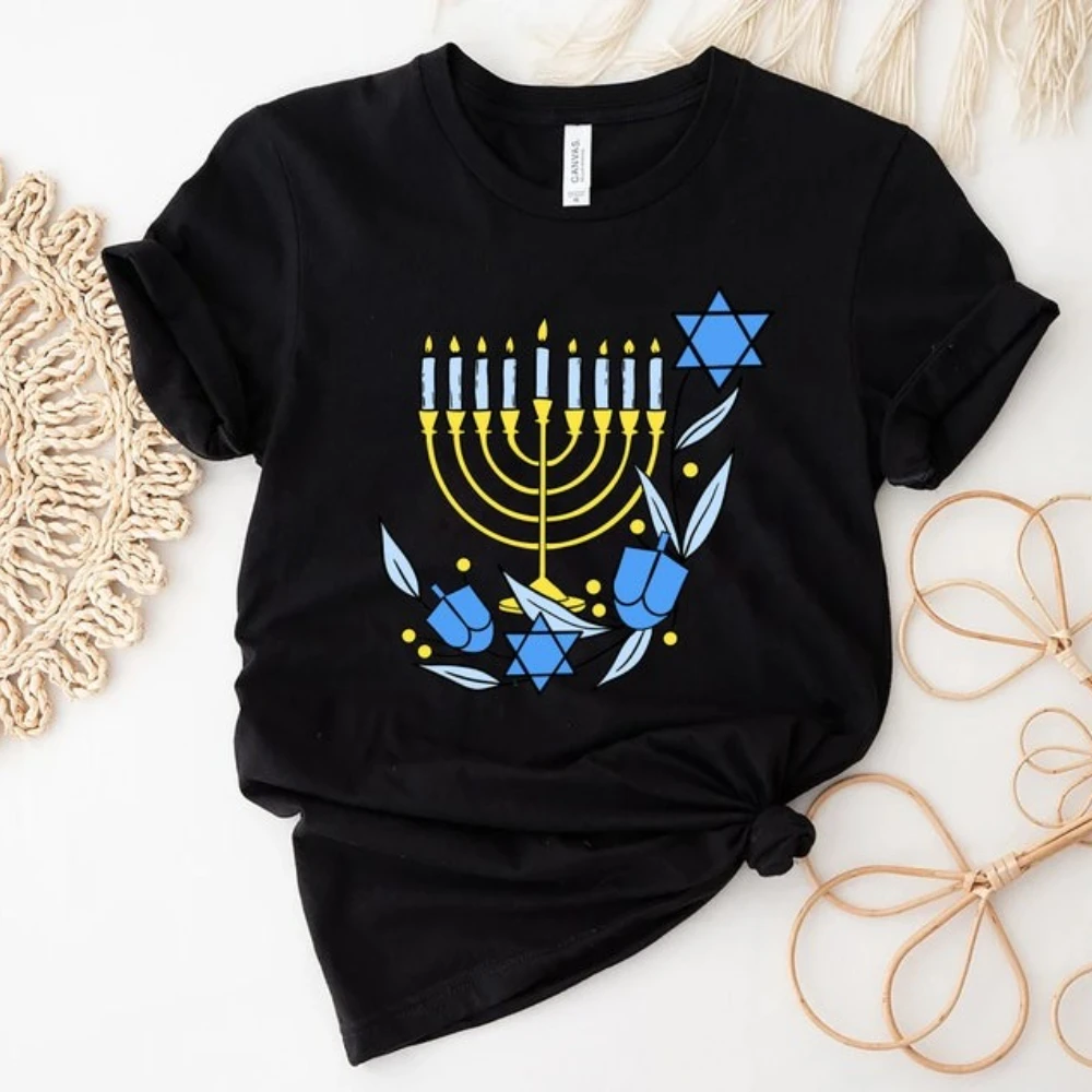 Hanukkah Menorah Printed T-shirt Hanukkah Holiday Jewish Religious Ritual Shirt Woman Man Cotton O-neck Short-sleev Tops Tee