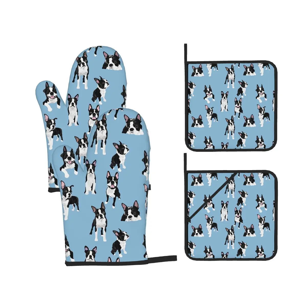 Boston Terrier Cute Dog Oven Mitts and Pot Holder Sets of 4 for Baking Kitchen Cooking BBQ Resistant Non-Slip Gloves