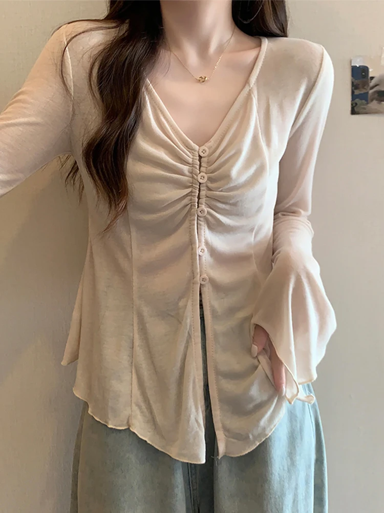 

Тонкий кардиган большого размера, однобортный, с расклешенными рукавами, однотонные топы, весна-лето, женский тонкий, новинка 2025, женская одежда