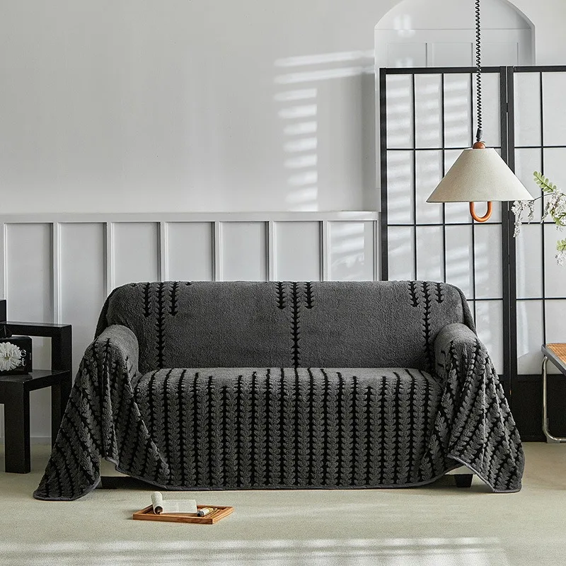 Solid color retro high-end autumn and winter plush sofa towel cover, a whole universal sofa full cover