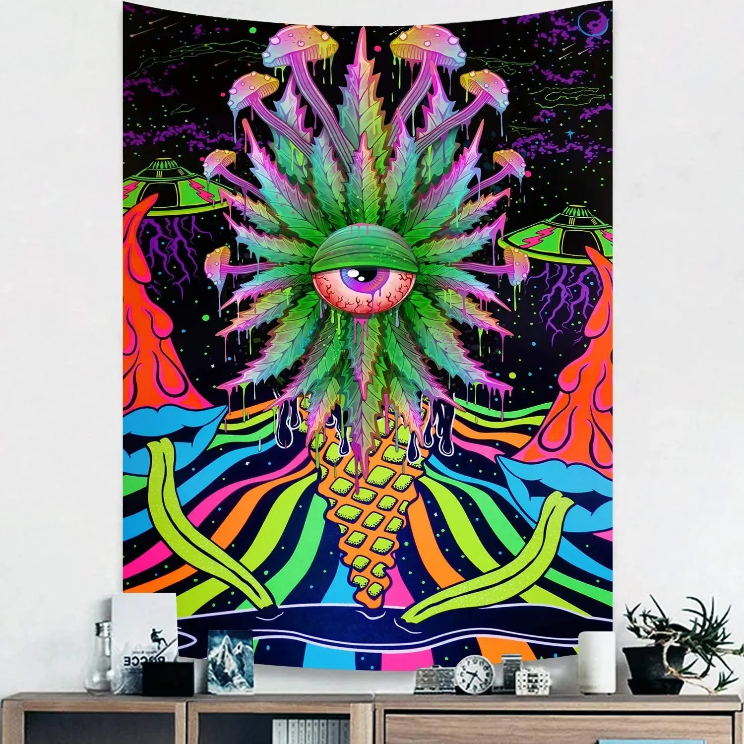 Alien Monster Tapestry Fantasy UFO Evil Eyes Psychedelic Mushroom Green Leaves  Wall Hanging for Bedroom Living Room