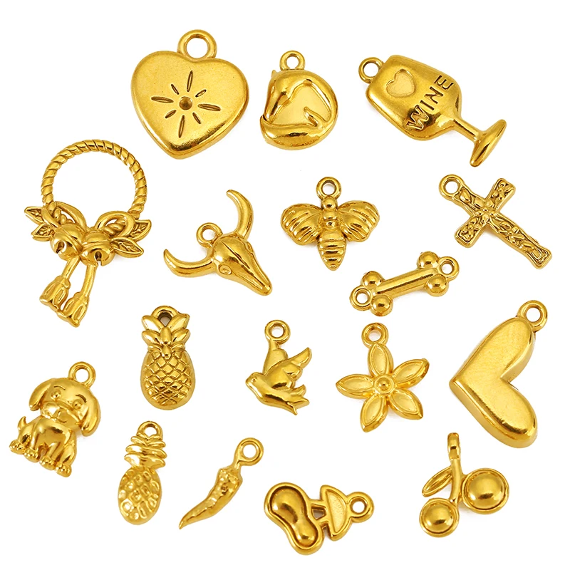 

5pcs Stainless Steel Gold Plated Cow Head/Pineapple/Love Charms Pendants for DIY Bracelets Necklace Jewelry Making Accessories