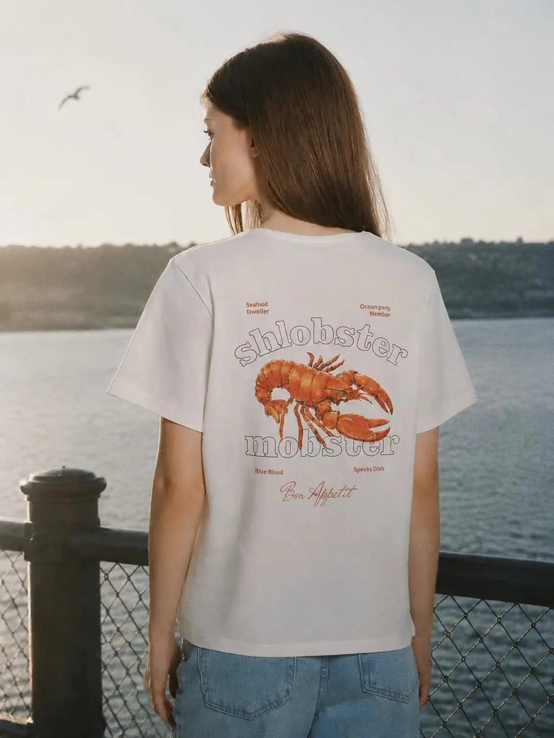 Funny Seafood Shlobster Letter Printing Beach Style Boho T-shirt New England Y2k Aesthetic Summer 100% Cotton Tshirts Female Top