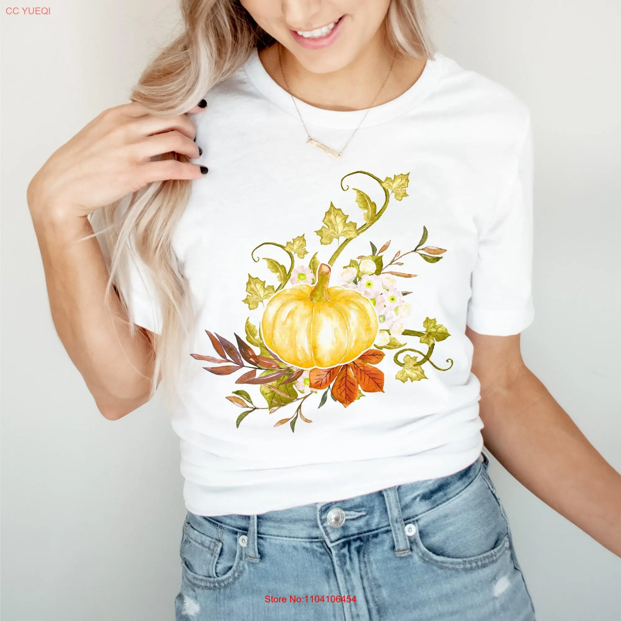 Fall T Shirt Pumpkin Autumn Leaves Foliage Thanksgiving Top Apparel Watercolor long or short sleeves