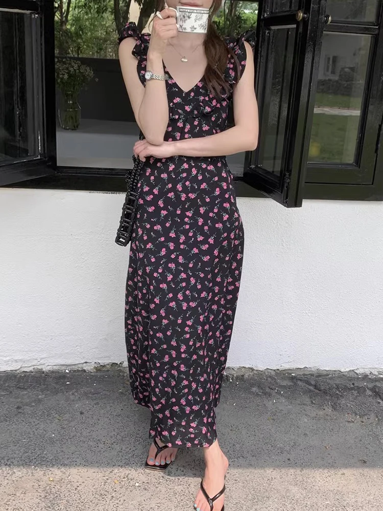 Romantic Summer Floral Print Dr Women's High Waist V-Ne Two-Way Tie Waist Slimming Fly Sve Long Dr Commute Sle