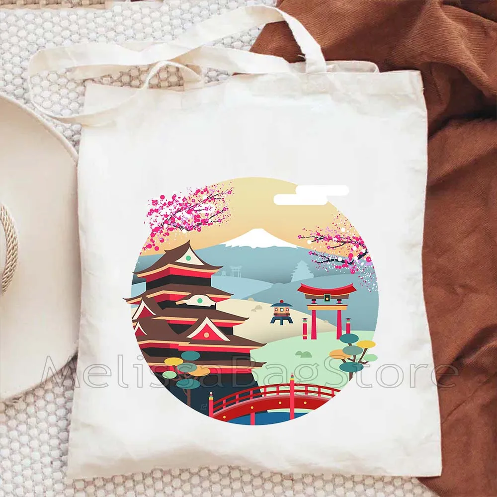 TOKYO Maneki Neko Cute Japanese Lucky Cat Canvas Shoulder Tote Bag Mount Fuji Janpan Cotton Shopping Shopper Casual Book Handbag