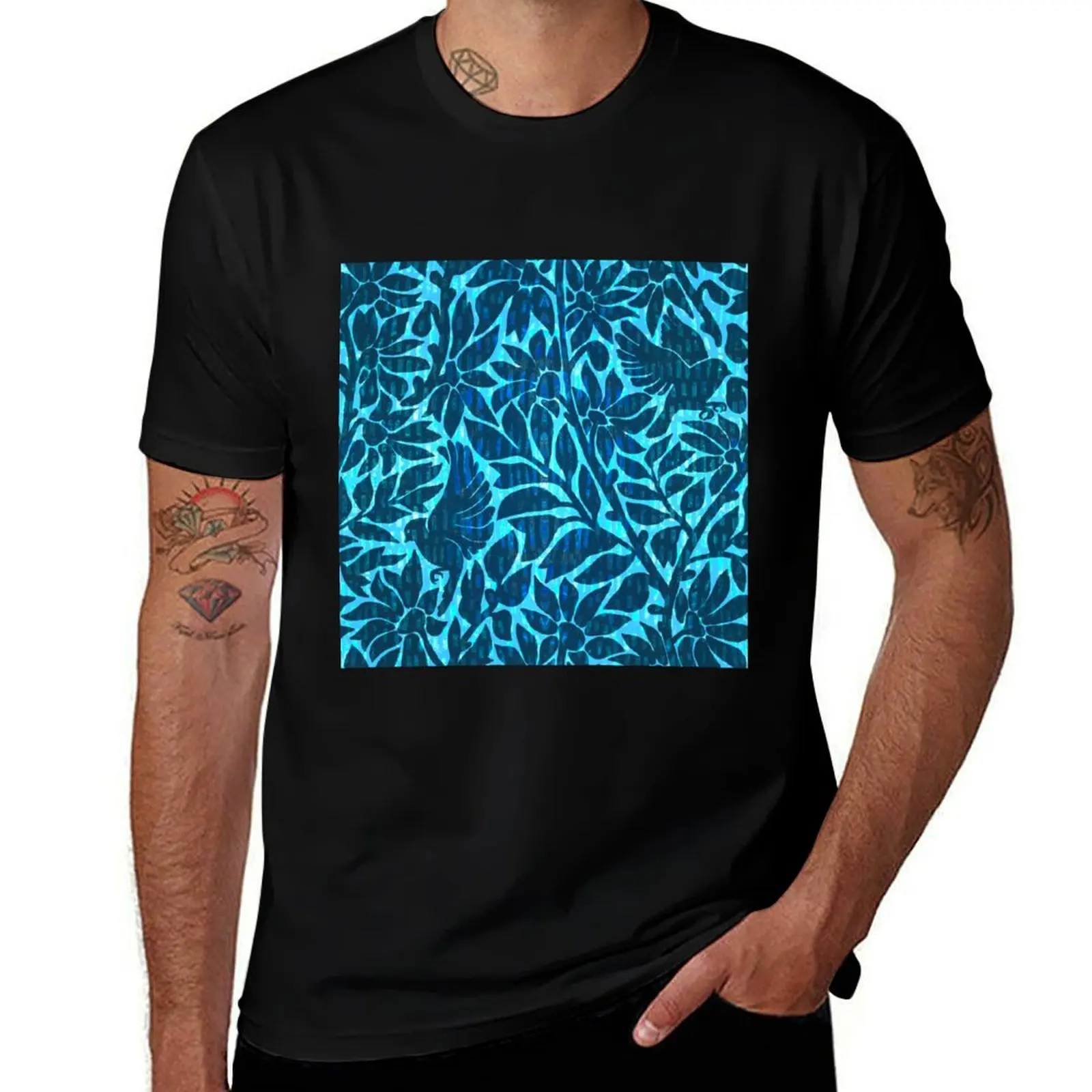 Blue on Blue Birds & Blooms Tonal and Textured Floral T-Shirt Big Size Daily Wear T-Shirt