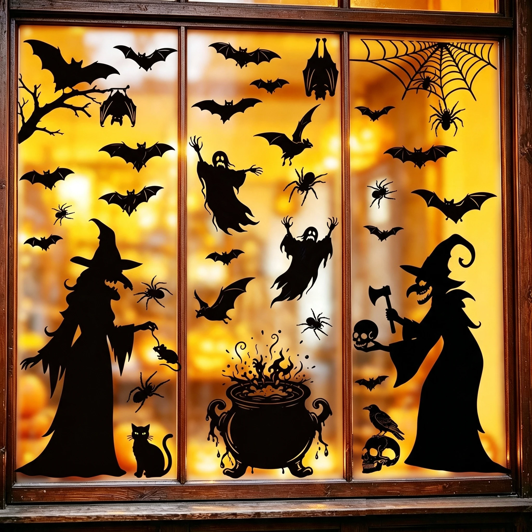 2026 Neue Halloween Statische Fensterfolien Gruselige Hexen-Geister-Fledermaus-Silhouetten-Aufkleber Wiederverwendbare Klebefreie Glastür-Sticker Dekoration