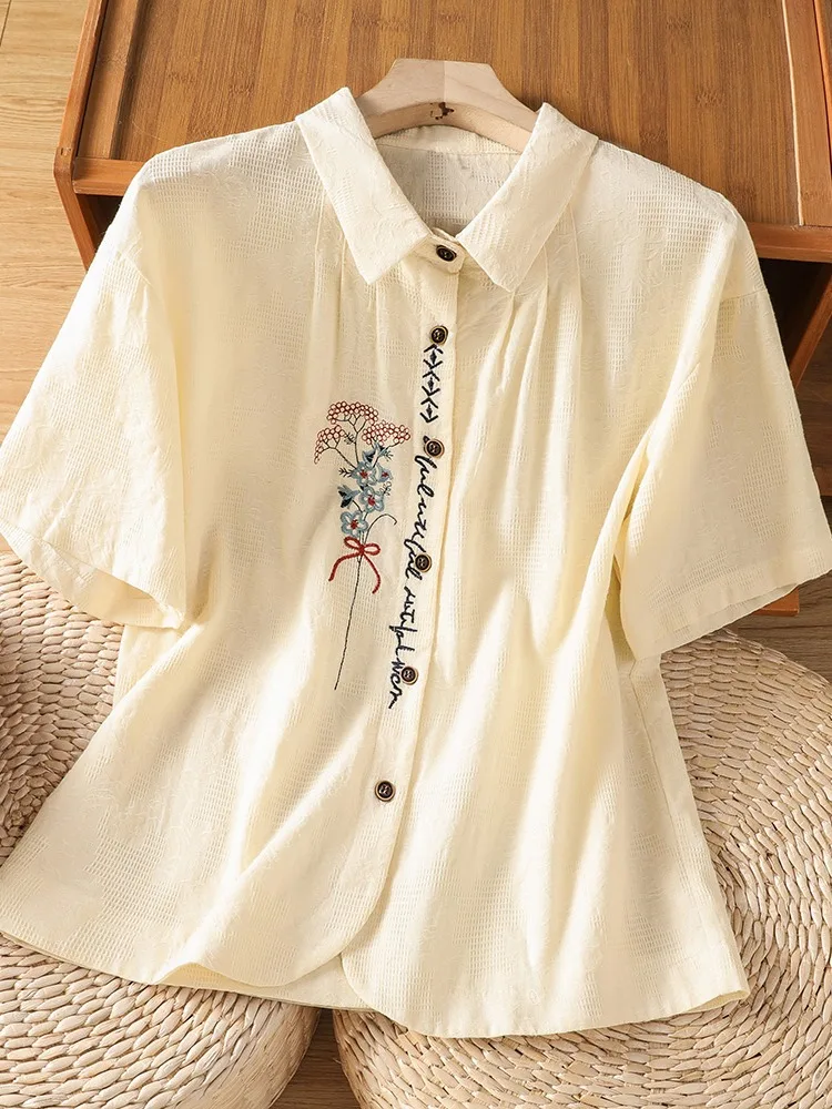 

Retro Embroidered Flax Short Sleeve Shirt Women Summer Loose Commuter Versatile Youthful Turn-down Collar Top Quality Fabric
