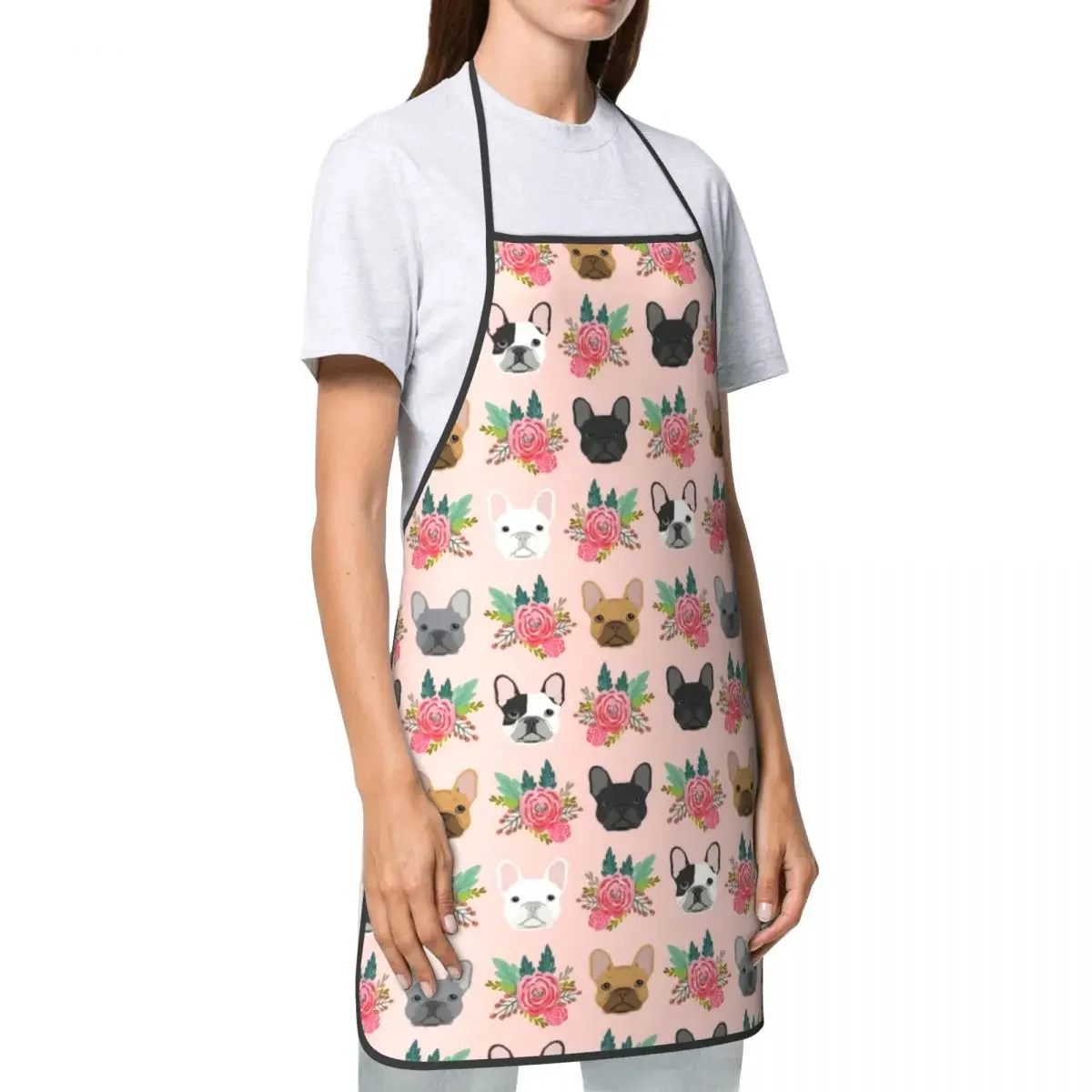 Tablier à bavette unisexe avec motif de visages de bouledogue français, chiens mignons, adultes, femmes, hommes, chef, cuisine, peinture de cuisine, rose