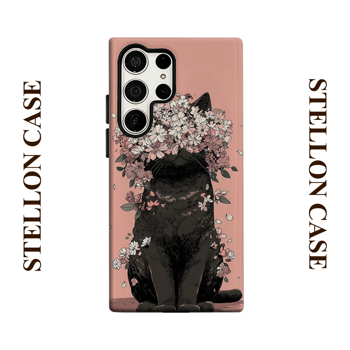 Sakura Black Kitten Glossy Double Layer Shockproof Phone Case For Samsung Galaxy S25 Ultra S24 Plus S23  Ultra Hard Back Cover