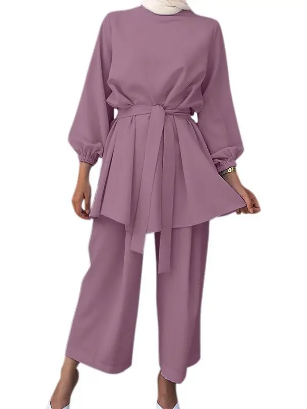 Ramadan Muslim Set Belted Suit Women Islam Clothing Turkey Dubai Abaya Kaftan Dress Outfits Tops Pant Femme Musulmane Ensembles