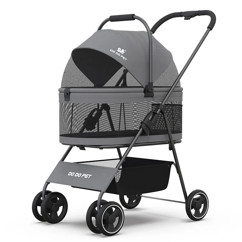 Lightweight Foldable Four-Wheel Pet Stroller For Cats And Dogs Easy To Install Pet Carrier With Food Plate Handcart