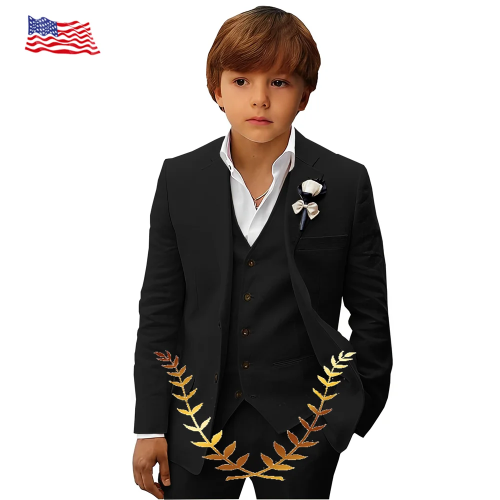 Linen Boys Suit Jacket Pants Vest 3 Piece Set Wedding Tuxedo Slim Handsome Kids Summer Blazer Youth Stage Outfit