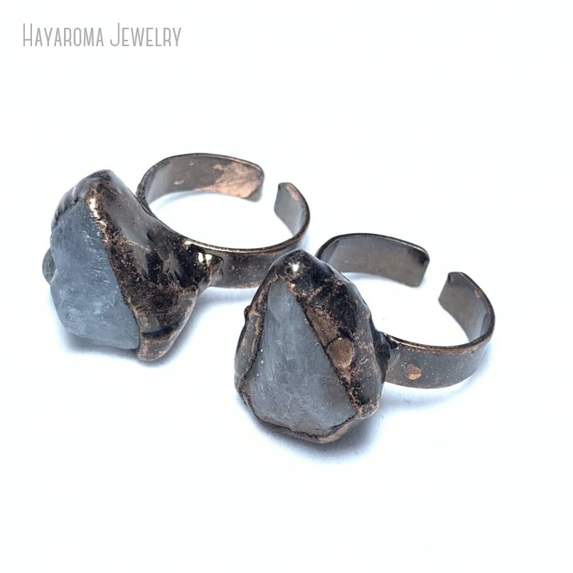 

10Pcs Raw Aquamarine Crystal Electroformed Copper Statement Ring Women Gift Natural Stone Witch Jewelry