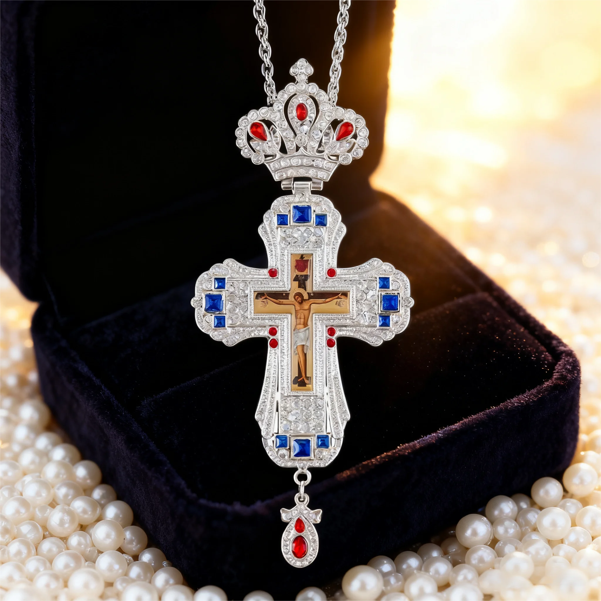 

7.5" Crown Top Eastern Orthodox Cross Pendant Gold Plated, Yellow Gemstones and Rhinestones, Luxury Gift Box for Priest