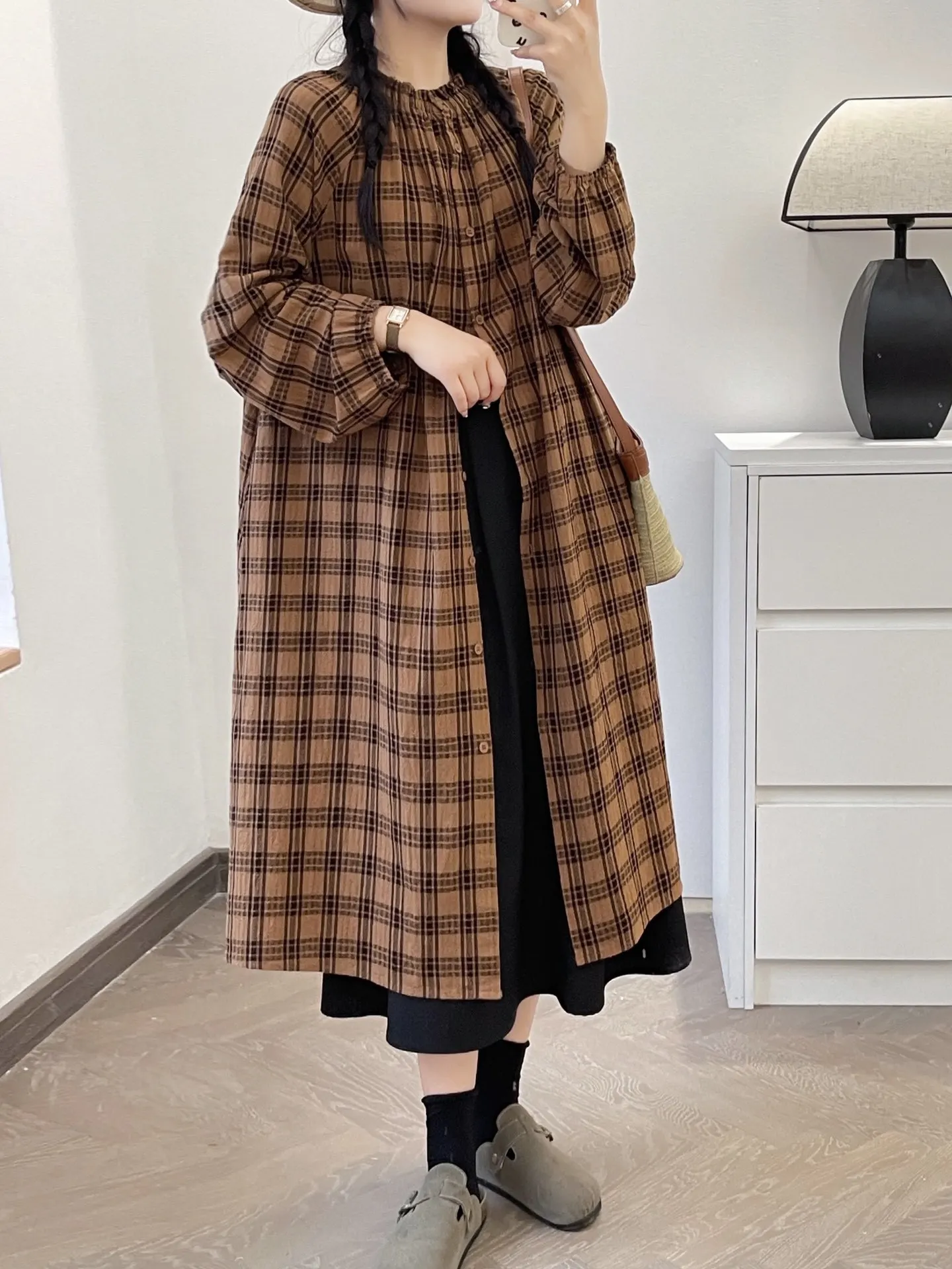 Vêtements d'automne pour femmes, robe à carreaux à manches longues, style japonais, chemise longue à simple boutonnage, grande taille, vêtements pour femmes, 2025