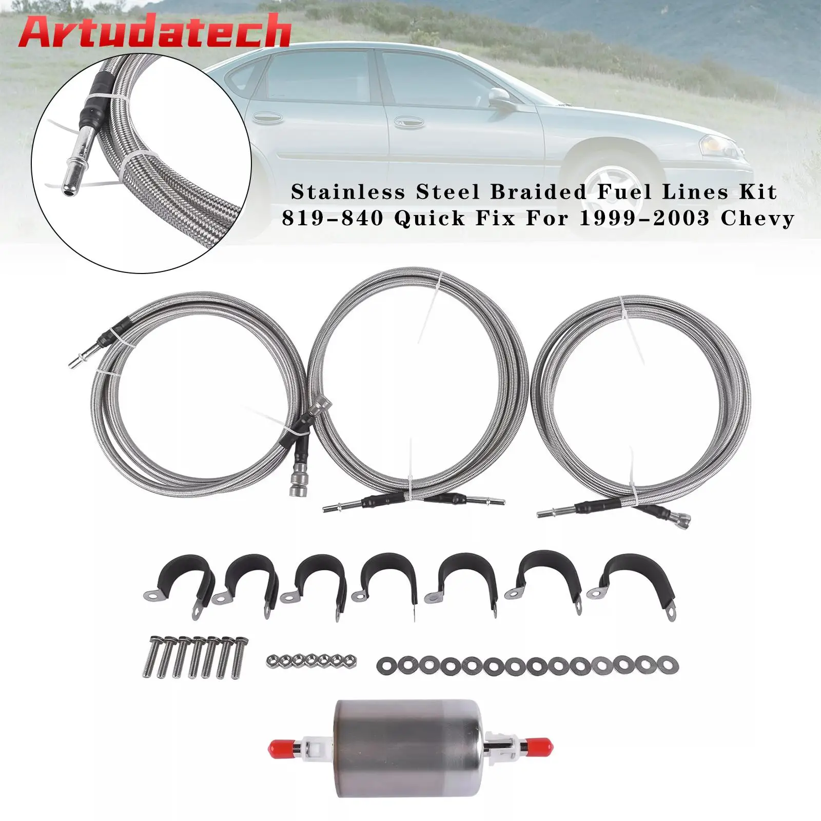 Artudatech Stainless Steel Braided Fuel Lines Kit 819-840 Quick Fix For 1999-2003 Chevy Car Accessories