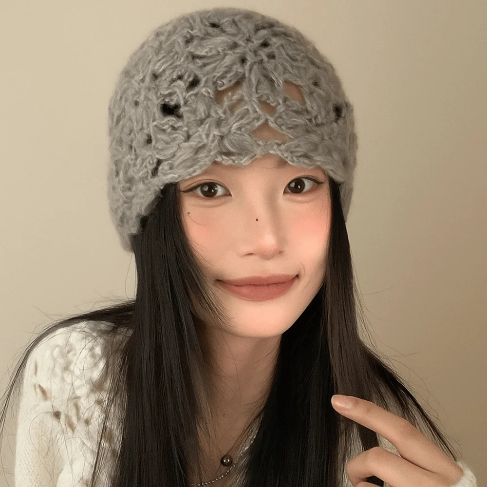 

Casual Solid Color Crochet Flower Hat Handmade Hollow Knitted Pullover Hat Y2k Weave Beanies Cap Girls