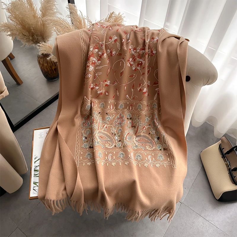 New Luxury Design Winter Embroidery Cashmere Scarves High Quality Women Thicken Wrap Shawl Ladies Warm Wool Pashmina Scarf