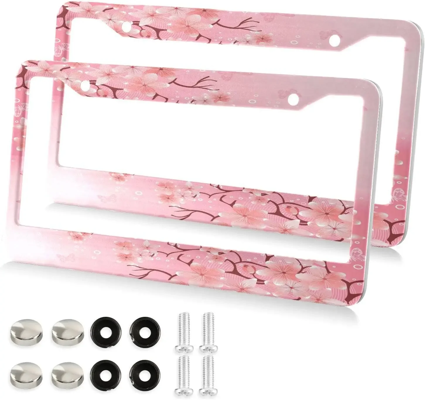 Pink Plum Blossom Pattern Car License Plate Frame 2 Pack License Plate with 2 Holes Car Tag Frame for Women Men US Vehicles