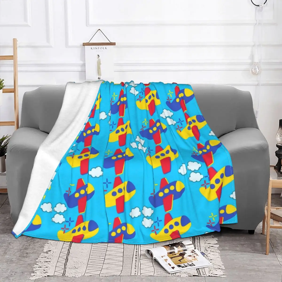 Airplane Blue Sky Blankets navy marine army cartoon cute Flannel Throw Blanket Bedroom Personalised Ultra-Soft Warm Bedspread