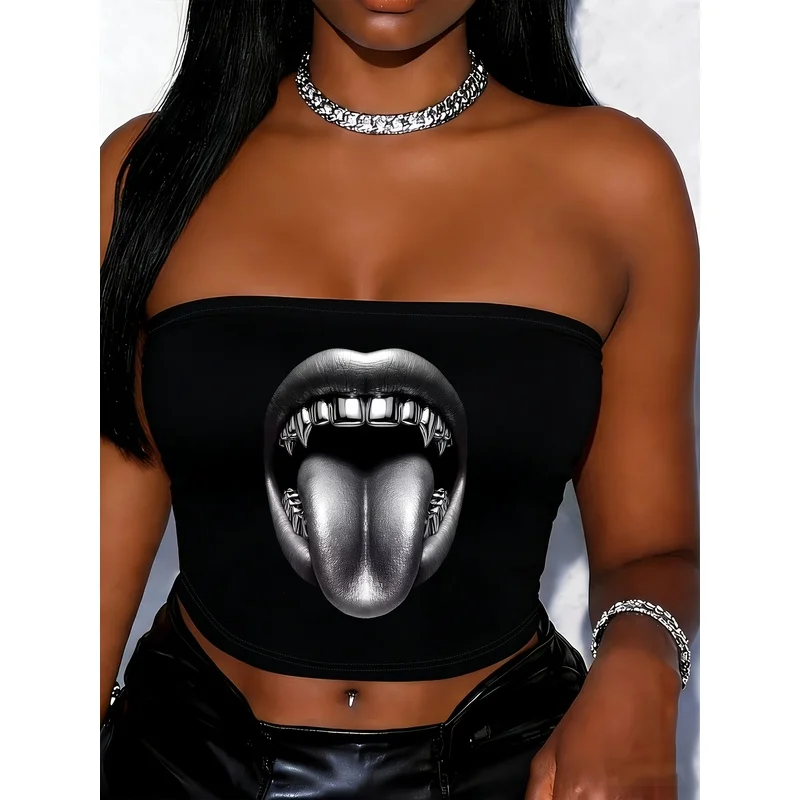 Metallic Fangs Tongue Mouth Print Tube Top Women Y2K Punk Hip‑Hop Strapless Black Cropped Bandeau Top